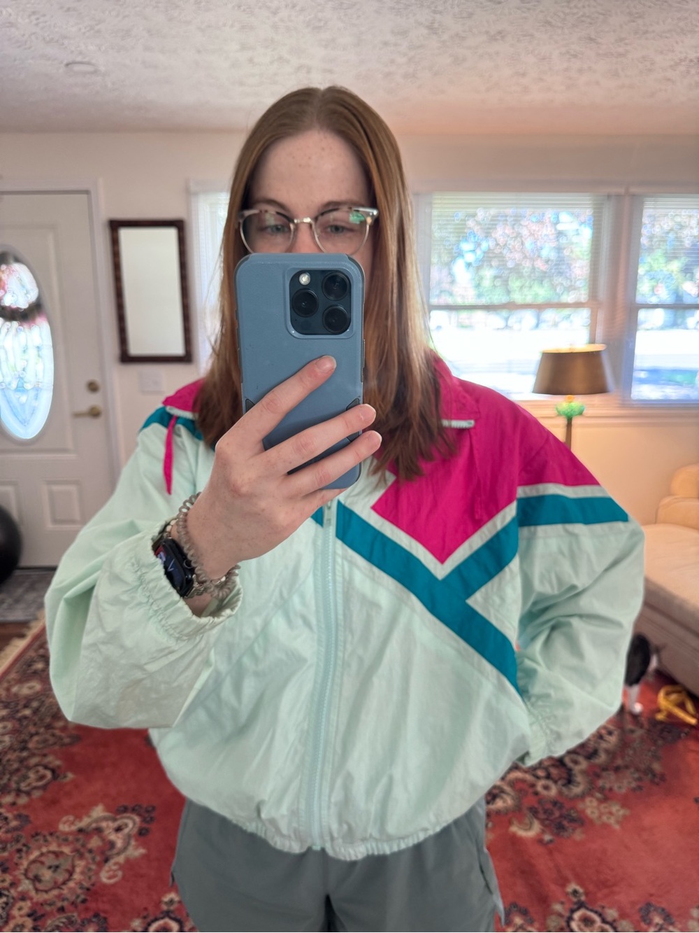 90s Light Mint and Fuchsia Colorblock Windbreaker Jacket Small